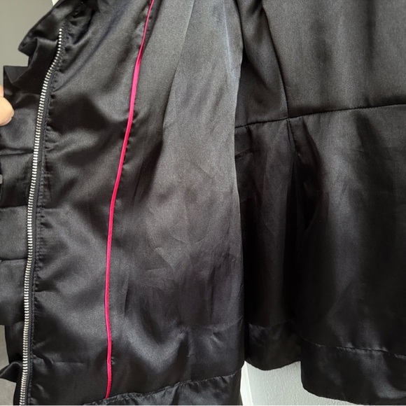 WHBM Ruffle Rain Jacket Belted Rhinestone & Satin Trench Coat Black Pink Size L - Picture 11 of 15